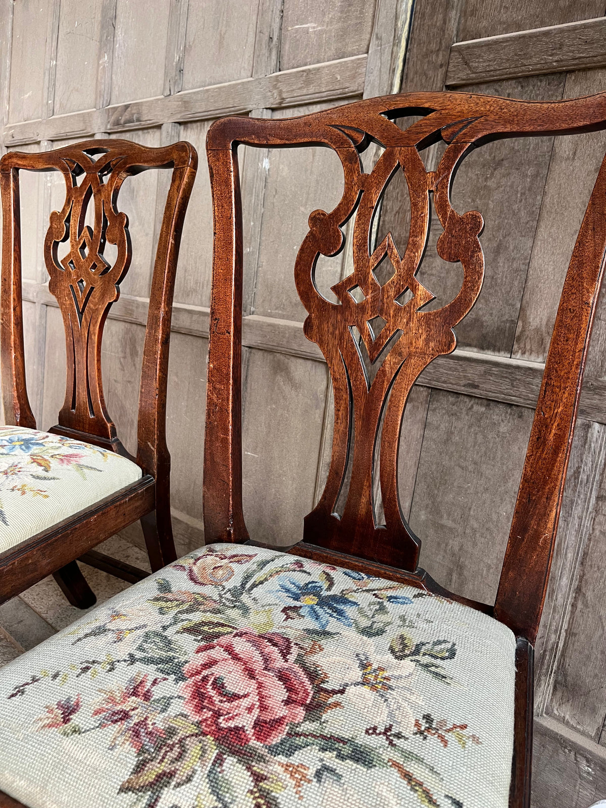 Set of Chippendale-Style Mahogany Dining Chairs (Floral Tapestry)