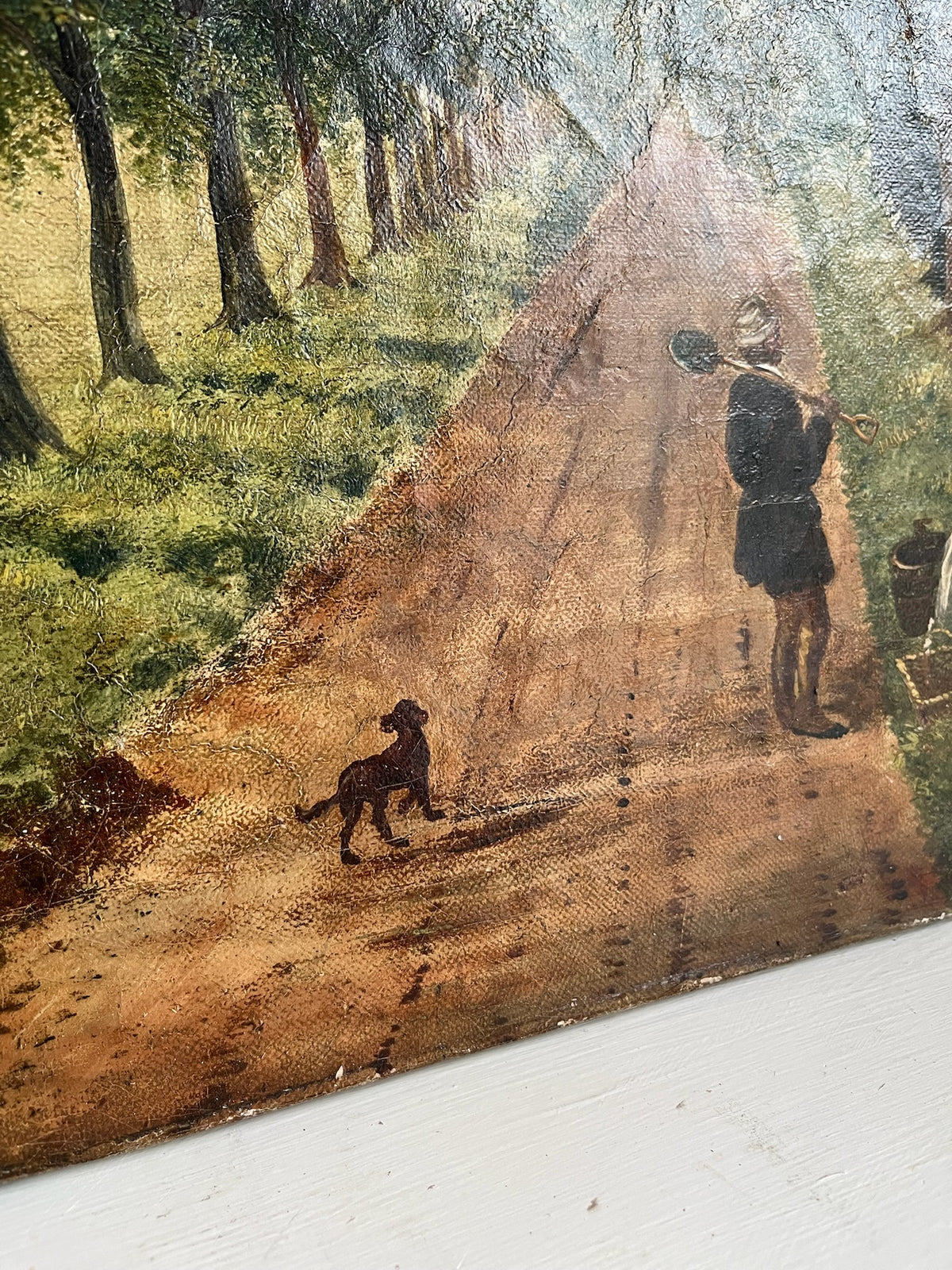 Antique Oil Painting - Tree-Lined Lane with Figures