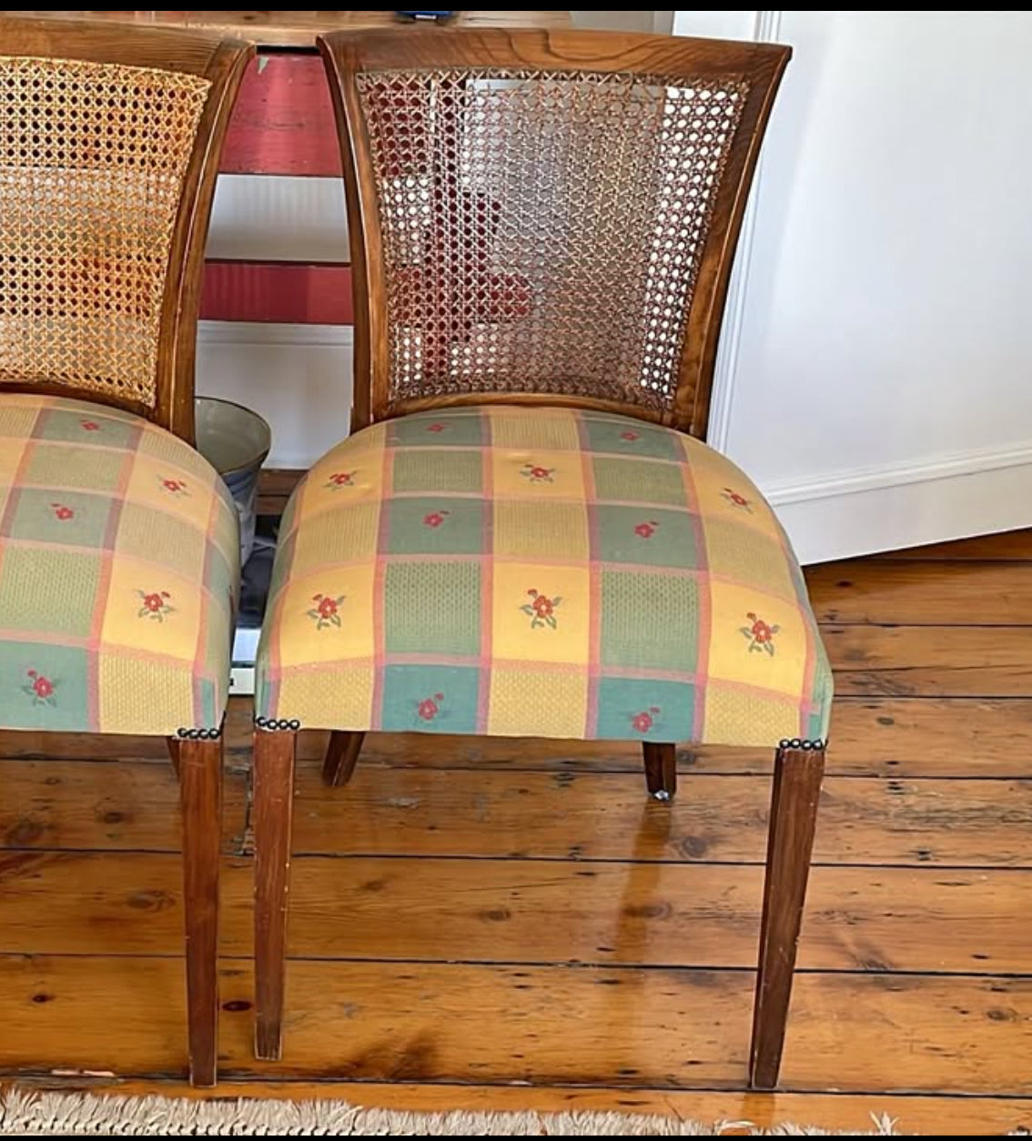 Pair of Caned-Back Dining Chairs with Check Upholstered Seats