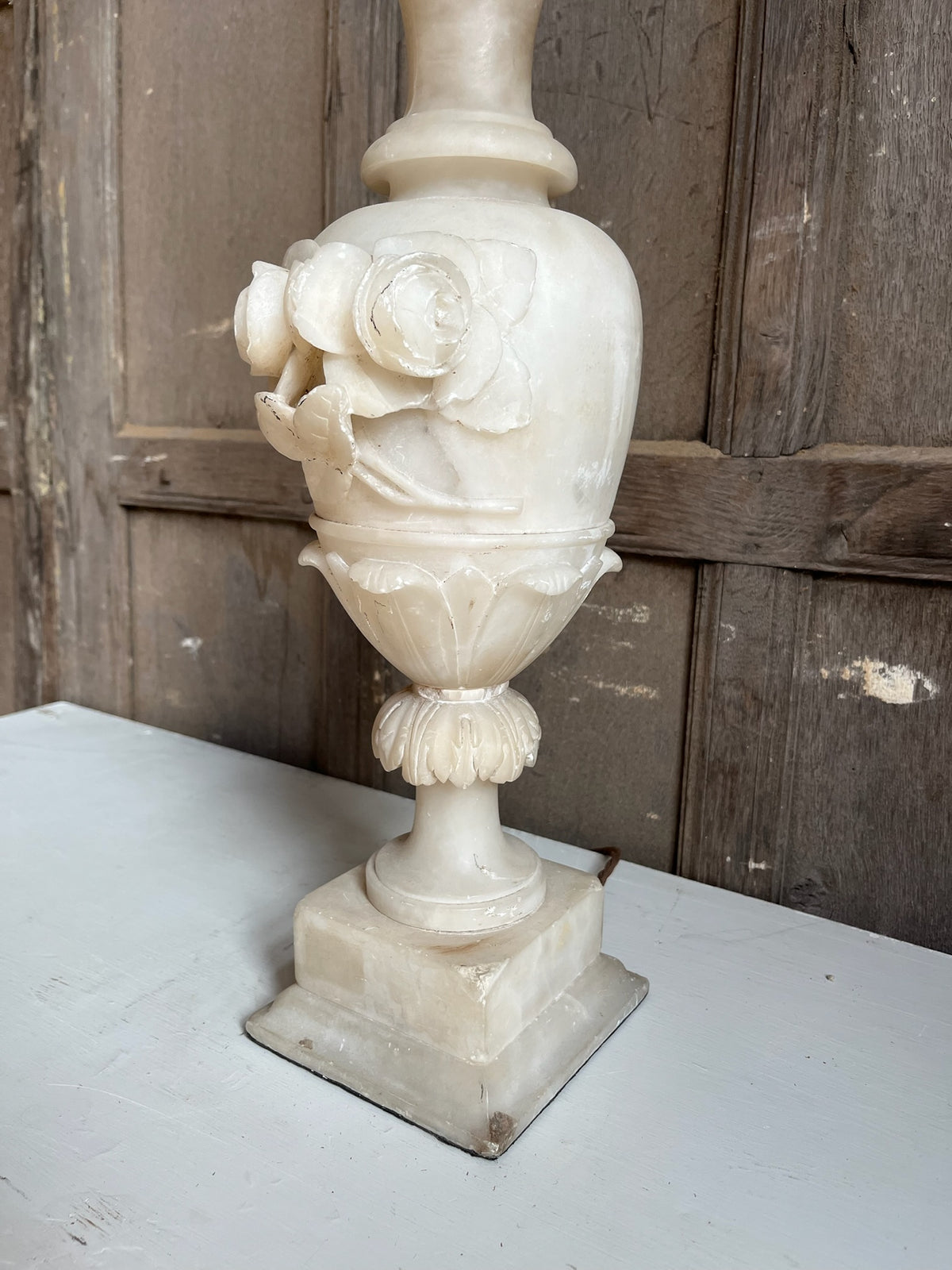 Carved Alabaster Urn Table Lamp with Roses