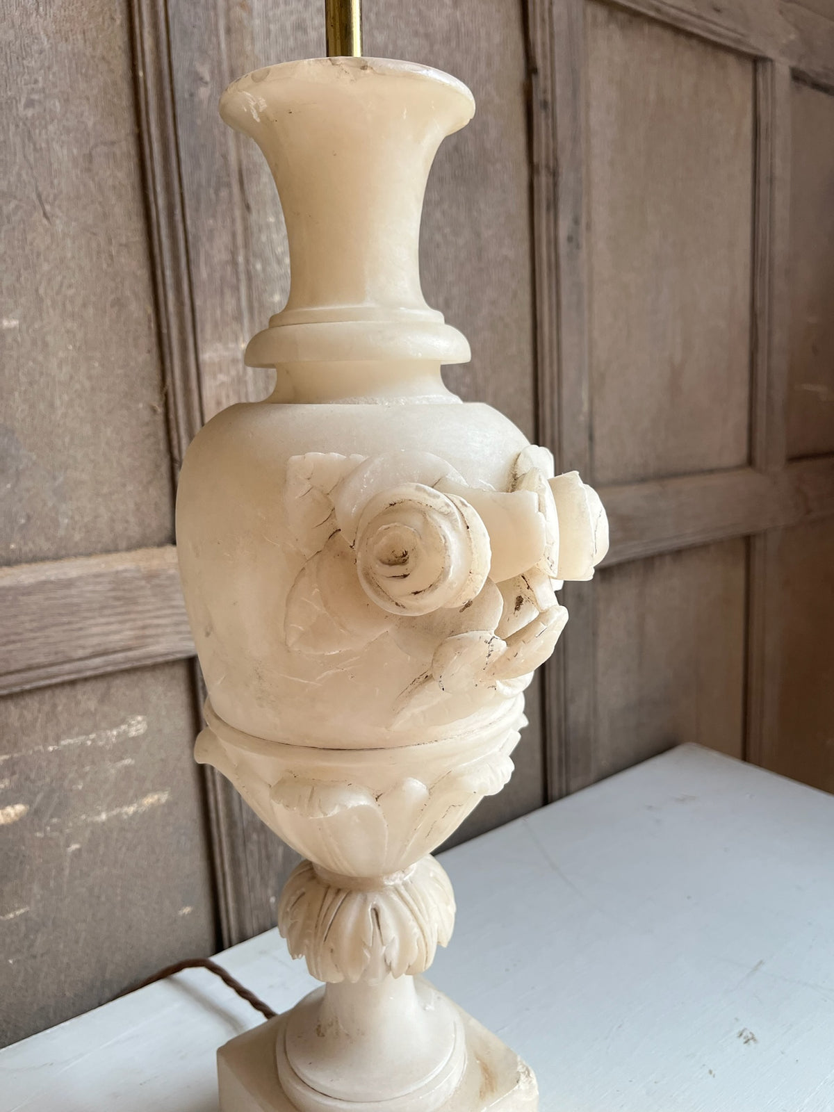 Carved Alabaster Urn Table Lamp with Roses