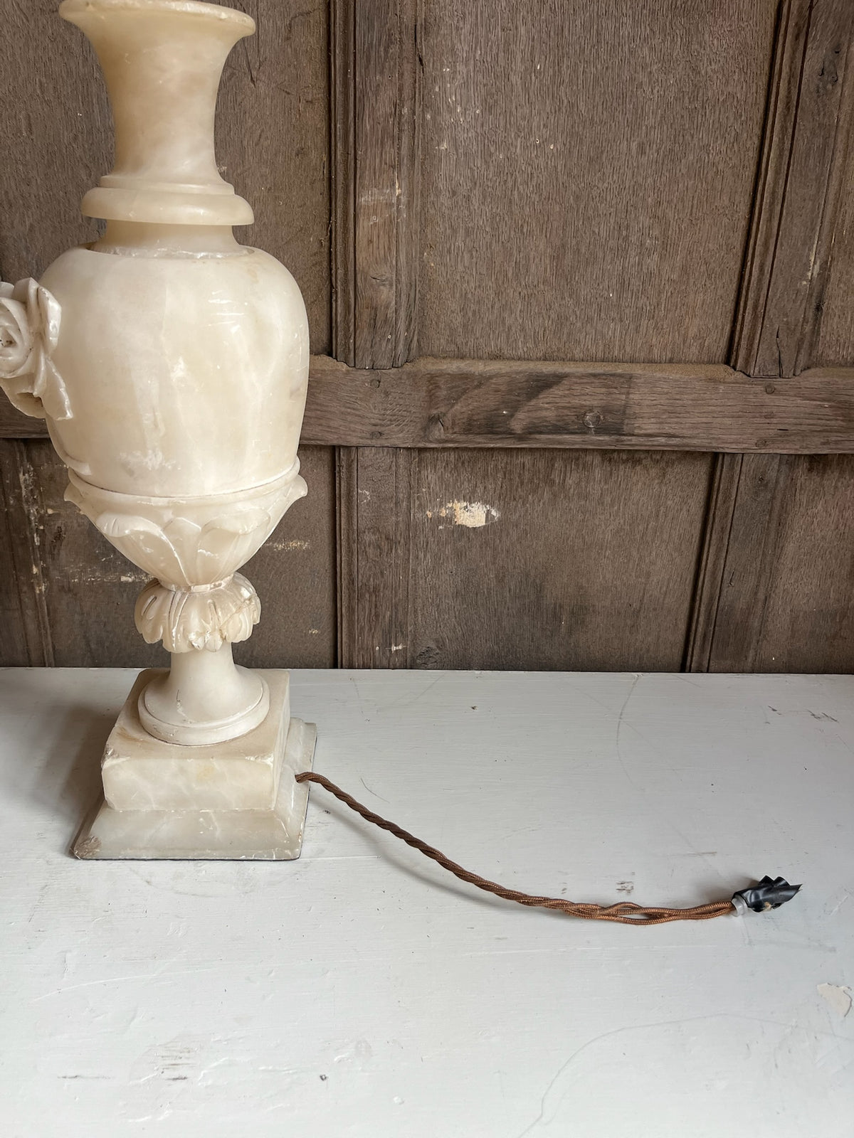 Carved Alabaster Urn Table Lamp with Roses