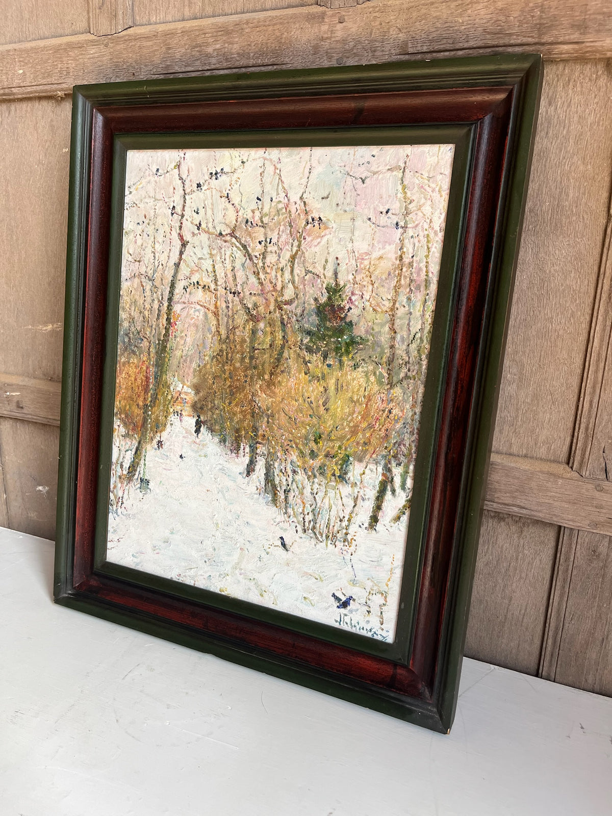 Framed Winter Woodland Oil Painting (Snow Scene)