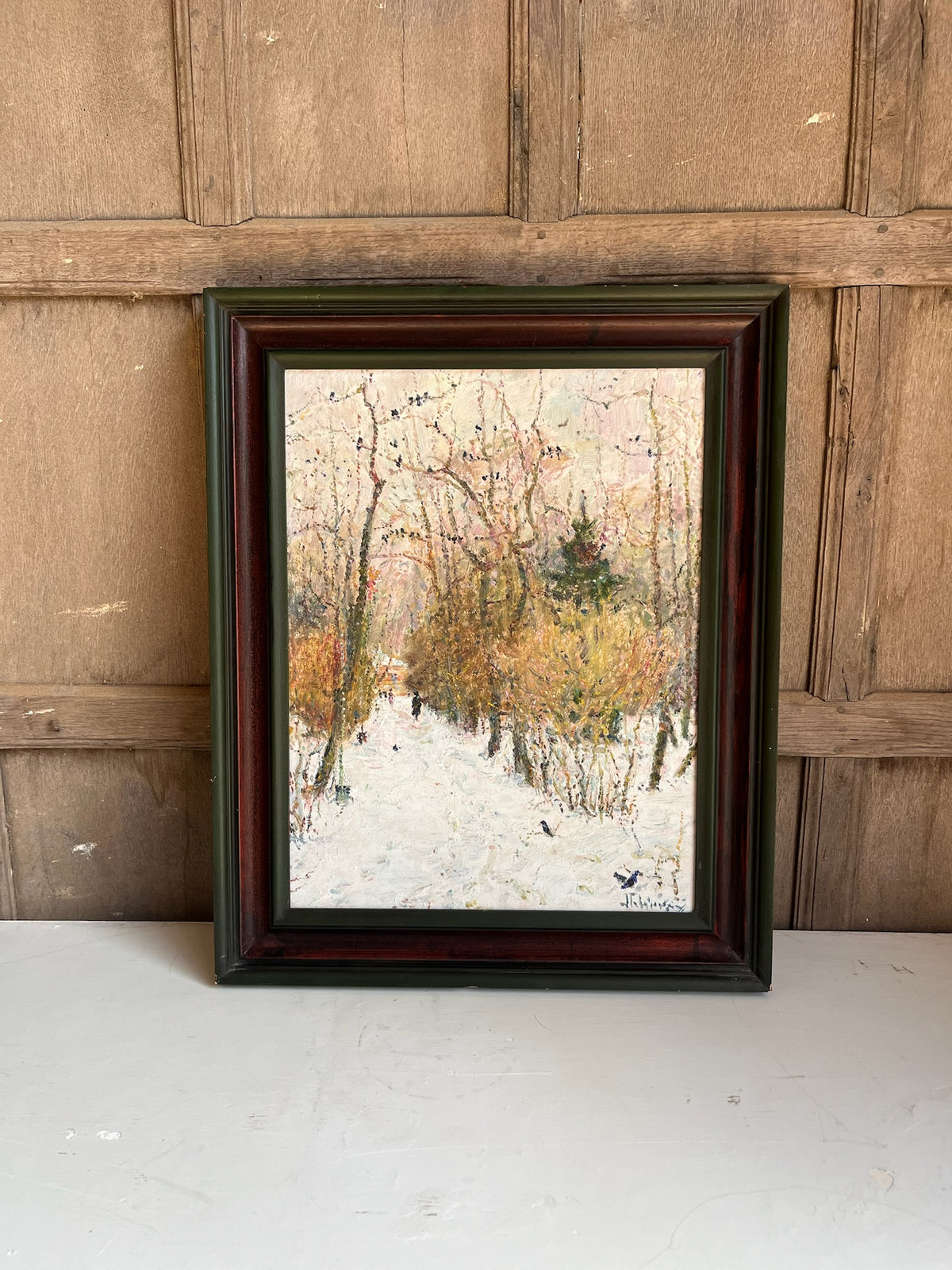 Framed Winter Woodland Oil Painting (Snow Scene)