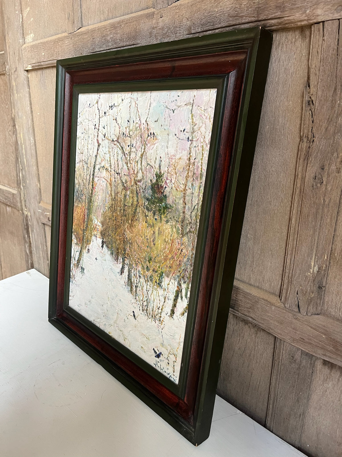 Framed Winter Woodland Oil Painting (Snow Scene)