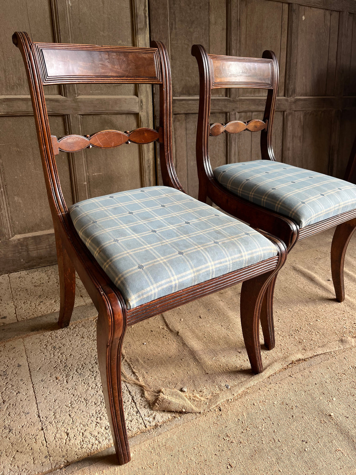 Set of Edwardian Inlaid Mahogany Salon Chairs (Blue Check)