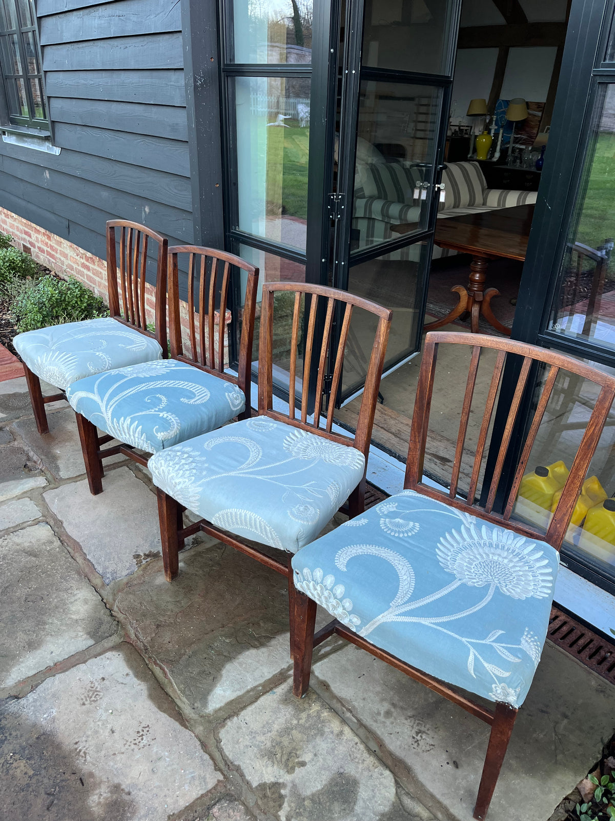 Set of Four Mahogany Dining Chairs (Blue Upholstered Seats)