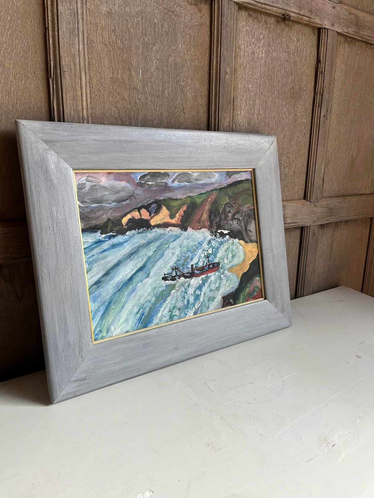 Vintage Oil Painting - Stormy Seascape with Trawler