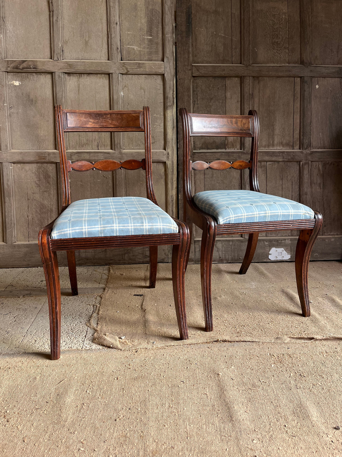 Set of Edwardian Inlaid Mahogany Salon Chairs (Blue Check)