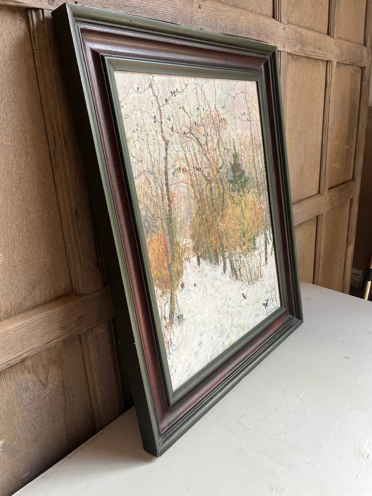 Framed Winter Woodland Oil Painting (Snow Scene)
