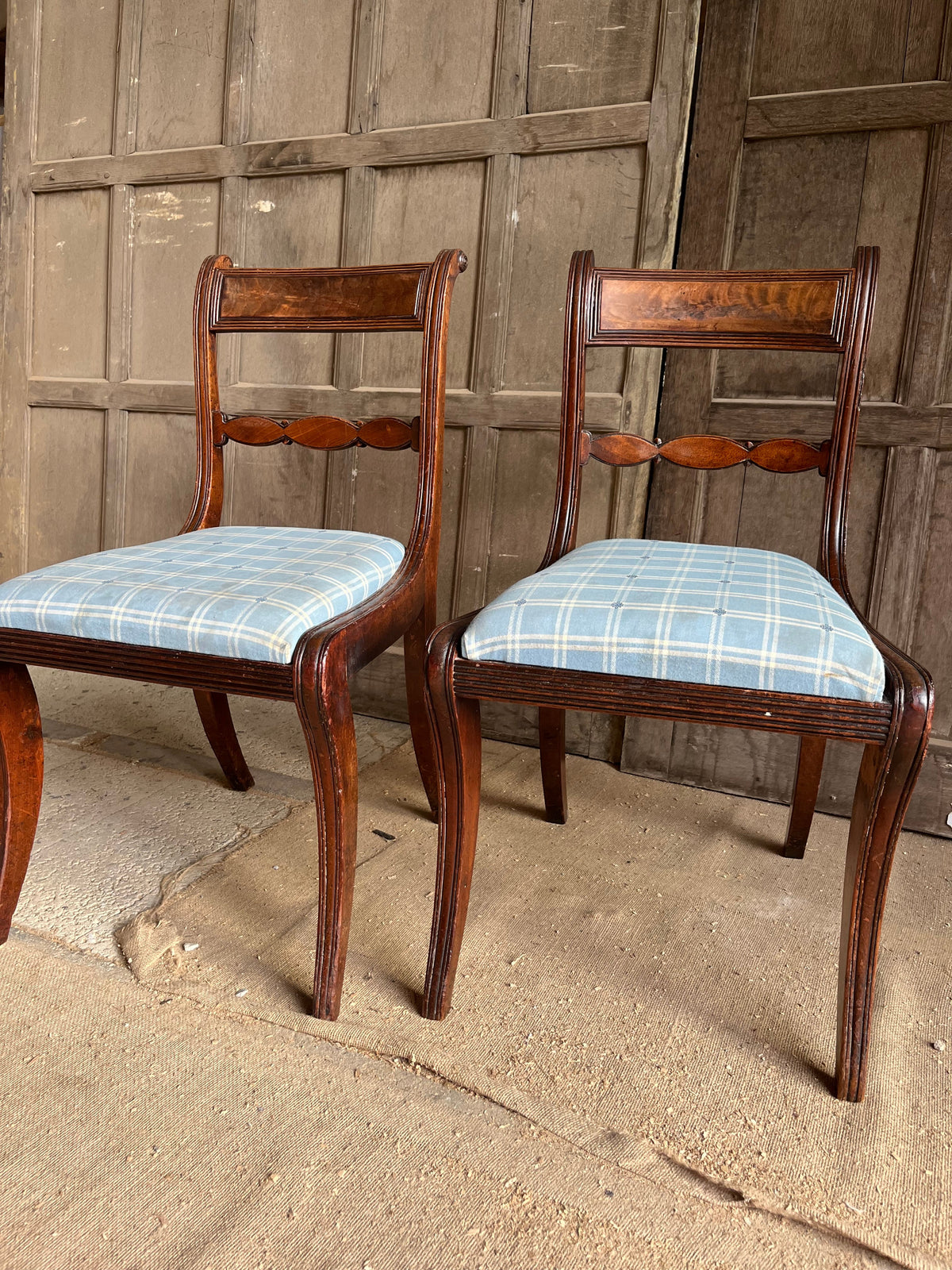 Set of Edwardian Inlaid Mahogany Salon Chairs (Blue Check)
