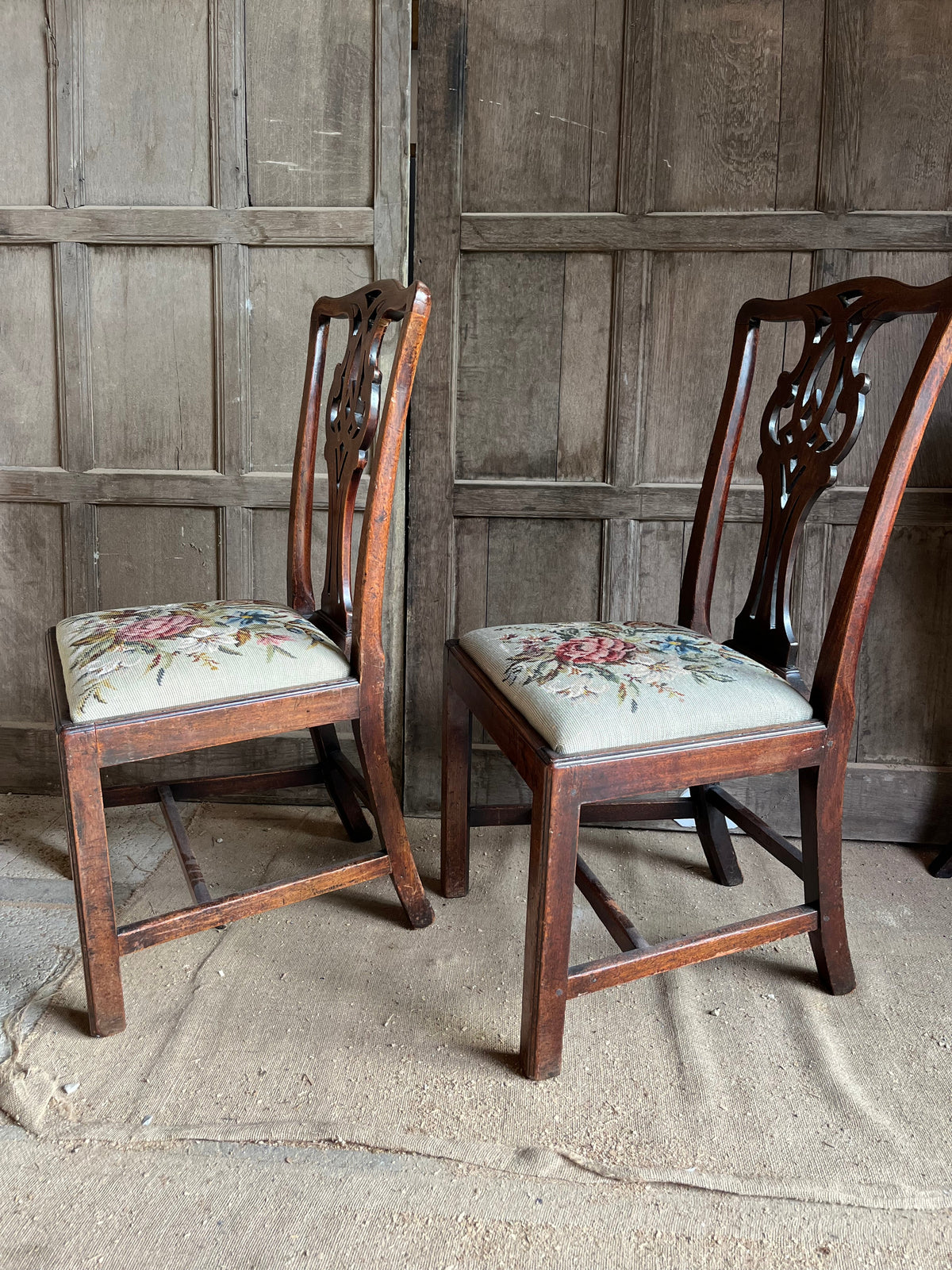 Set of Chippendale-Style Mahogany Dining Chairs (Floral Tapestry)