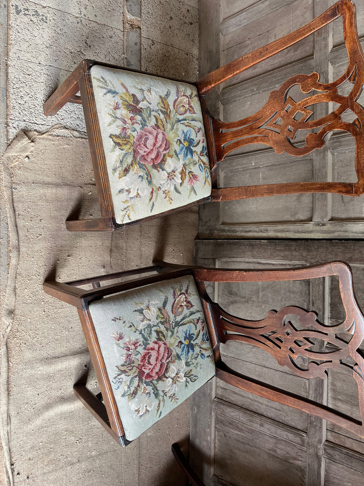 Set of Chippendale-Style Mahogany Dining Chairs (Floral Tapestry)