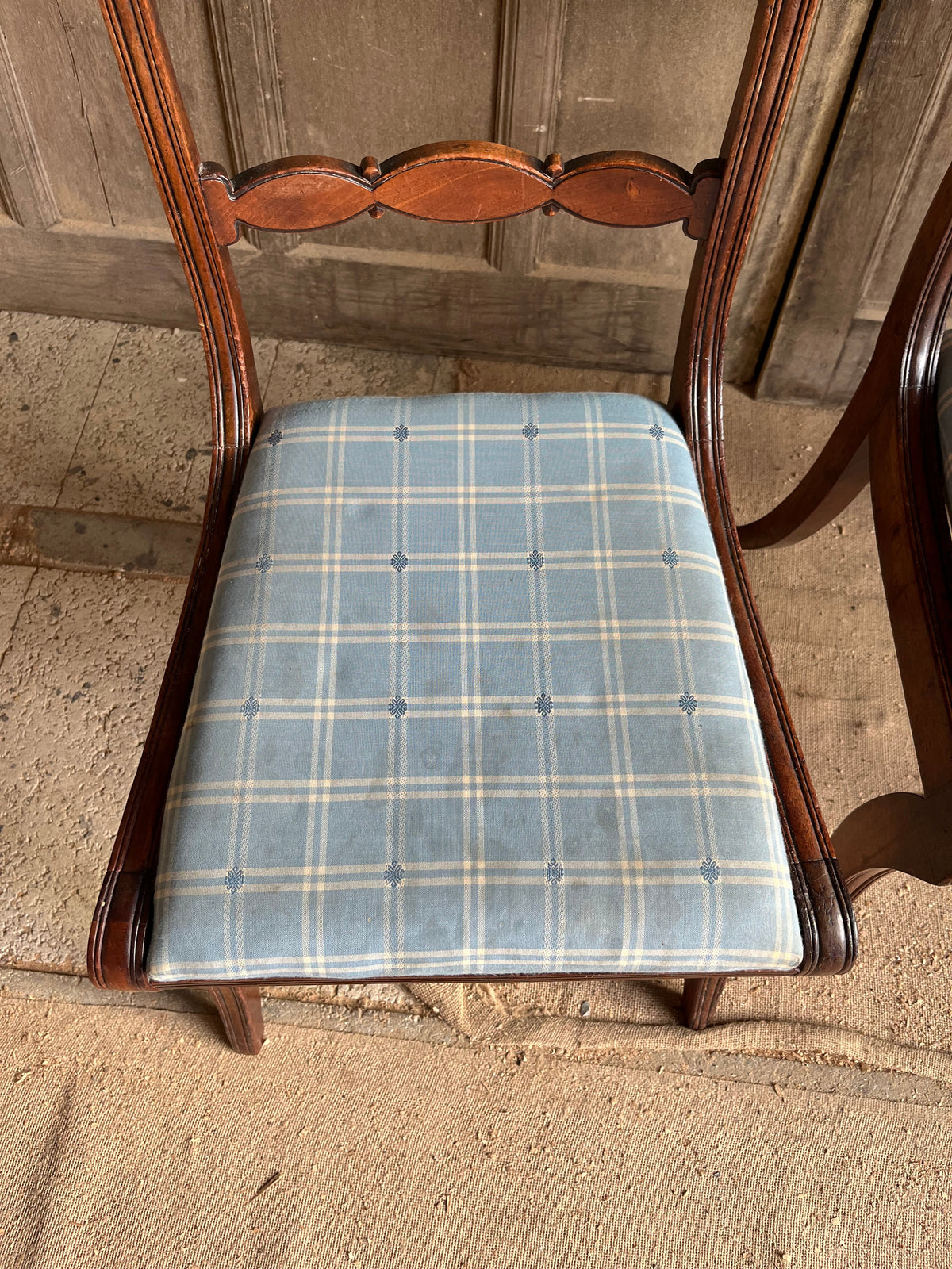 Set of Edwardian Inlaid Mahogany Salon Chairs (Blue Check)