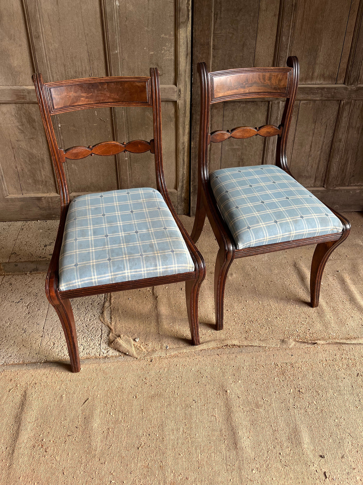 Set of Edwardian Inlaid Mahogany Salon Chairs (Blue Check)