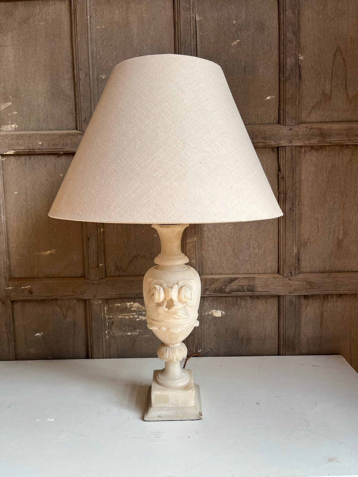Carved Alabaster Urn Table Lamp with Roses