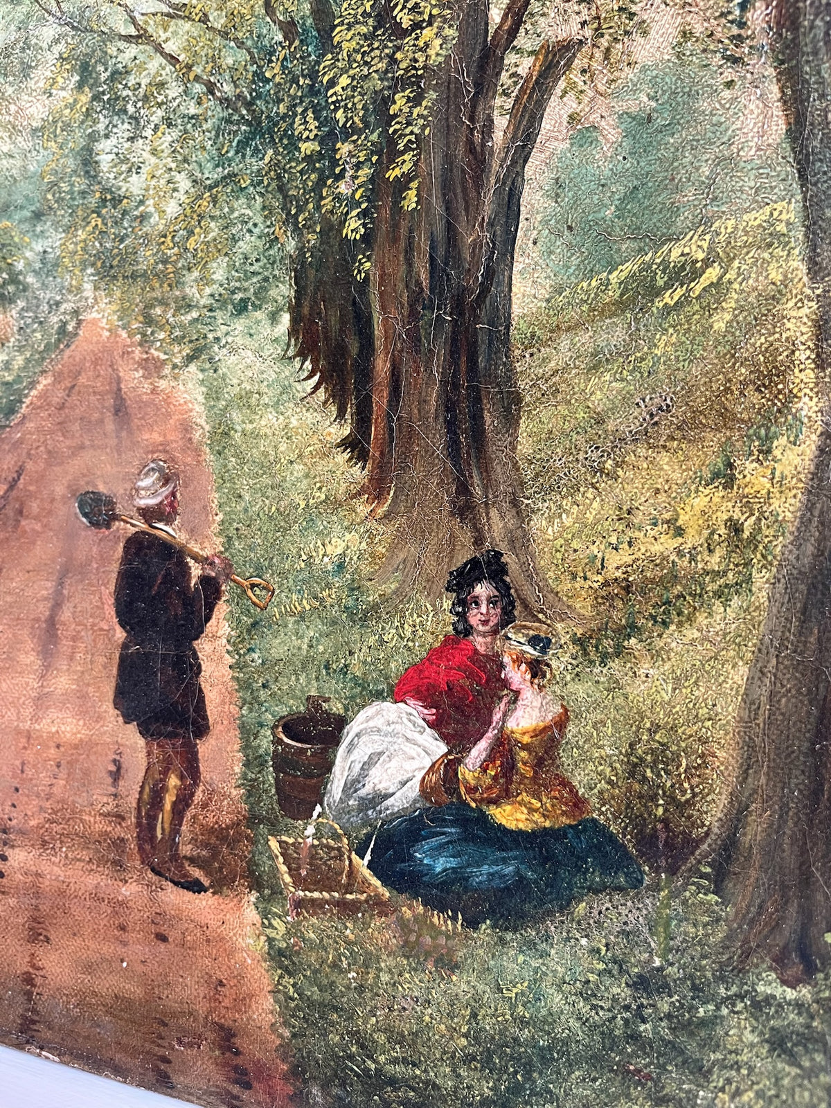 Antique Oil Painting - Tree-Lined Lane with Figures