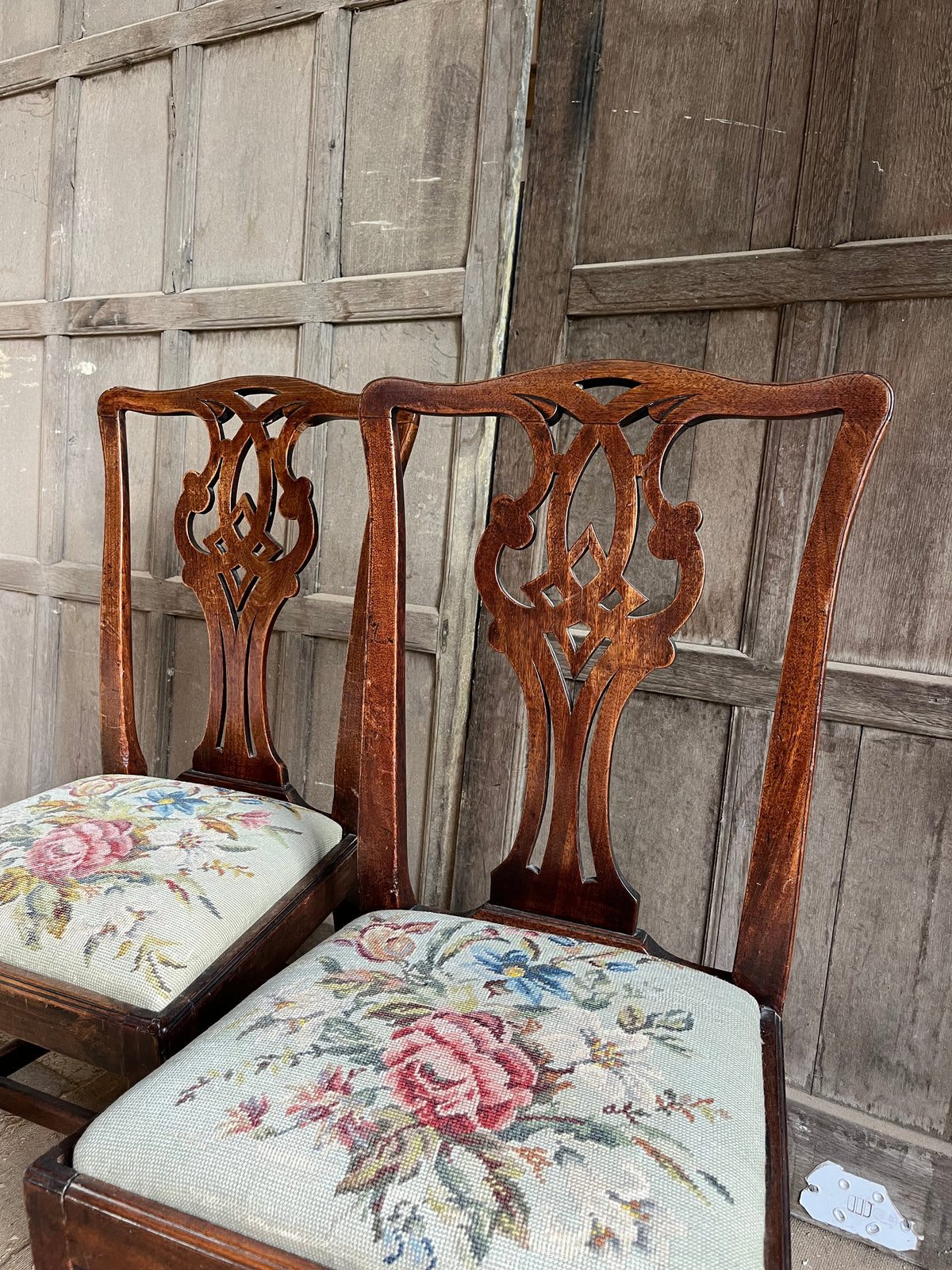 Set of Chippendale-Style Mahogany Dining Chairs (Floral Tapestry)