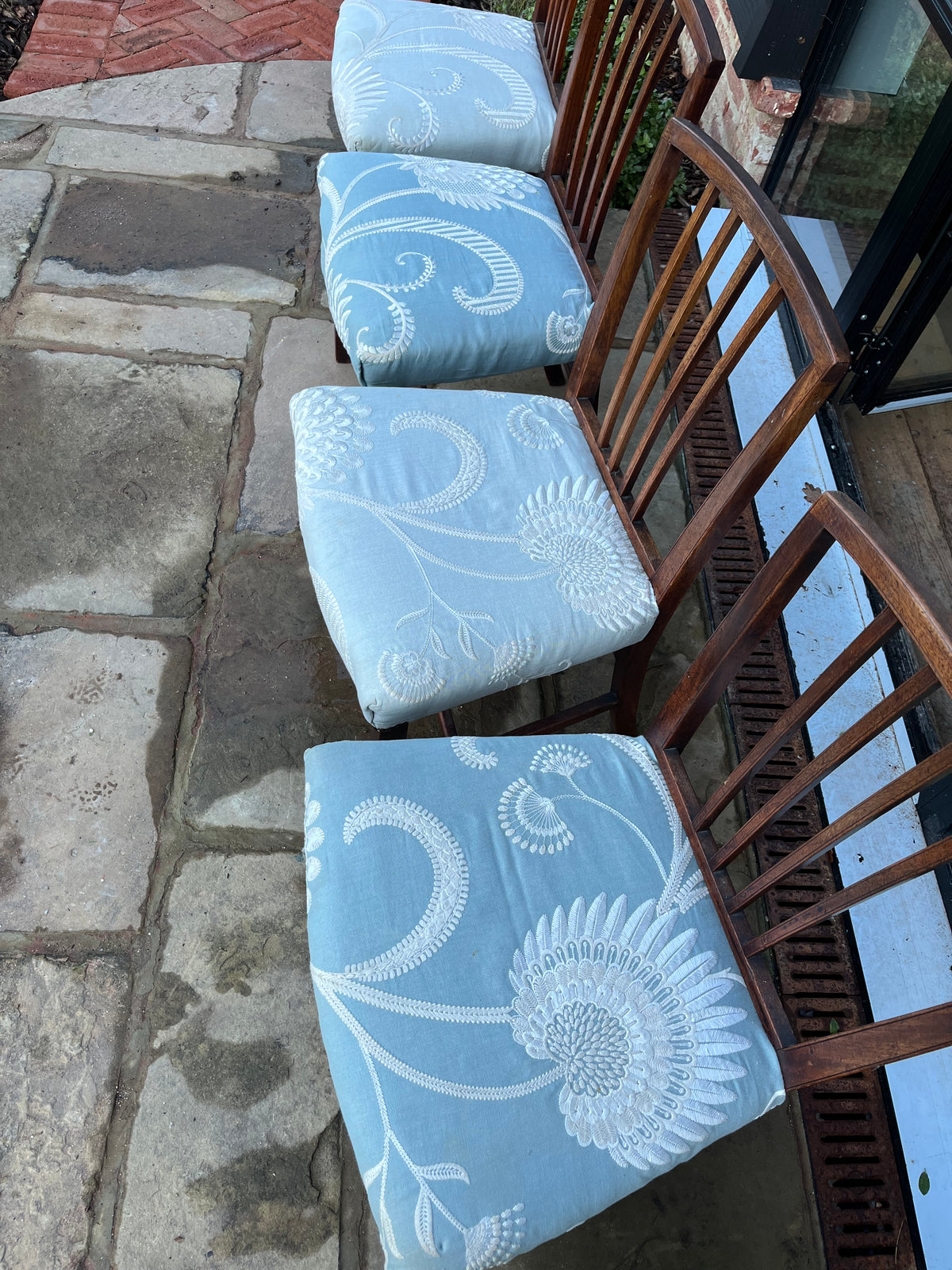 Set of Four Mahogany Dining Chairs (Blue Upholstered Seats)