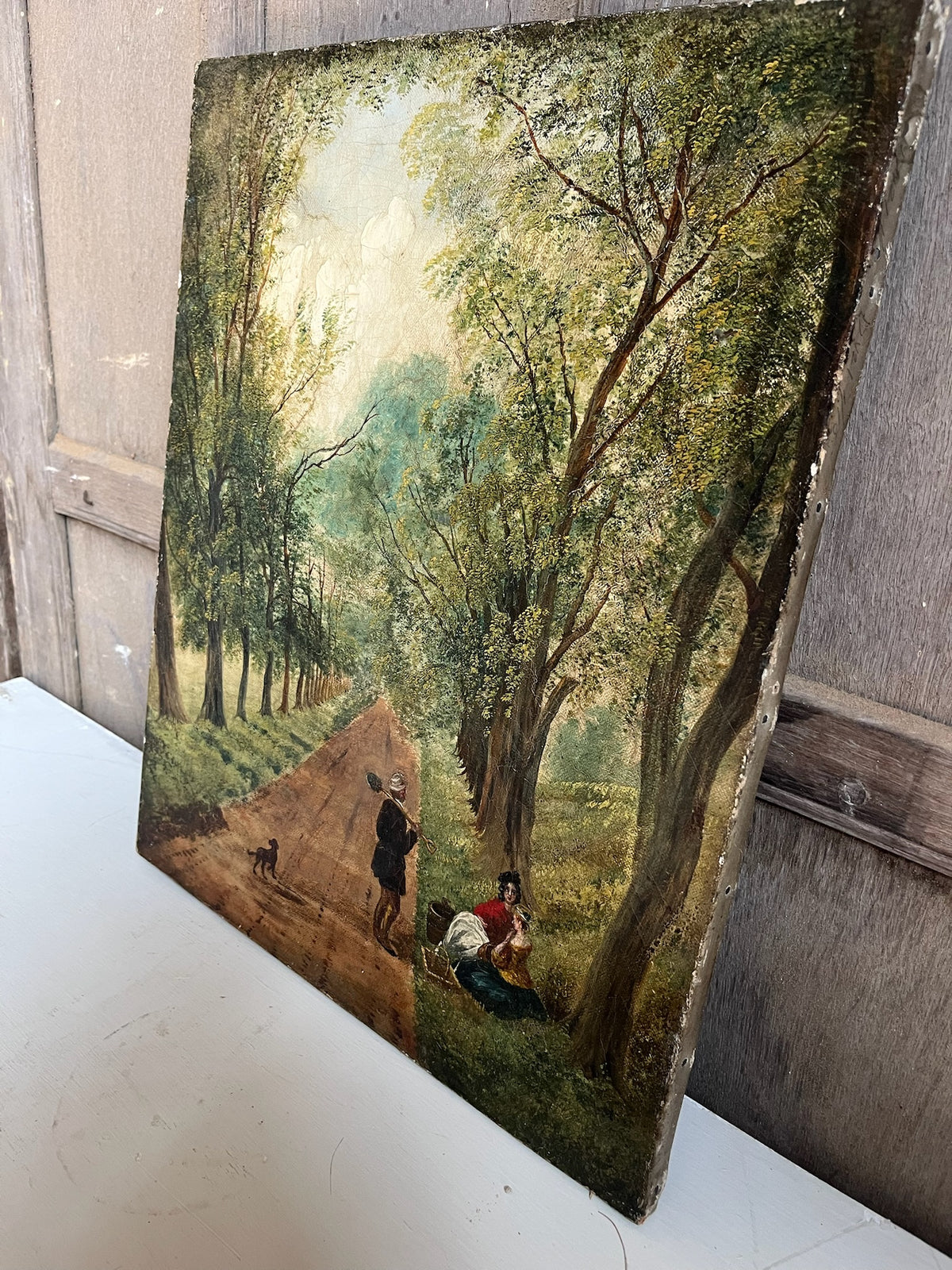 Antique Oil Painting - Tree-Lined Lane with Figures