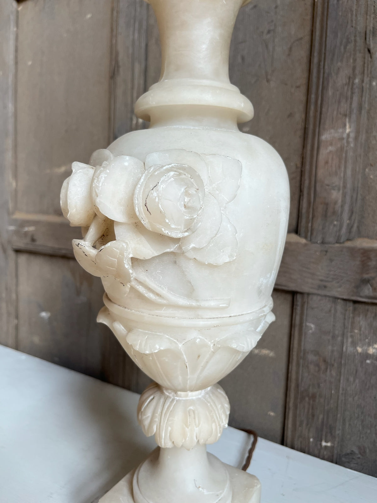 Carved Alabaster Urn Table Lamp with Roses