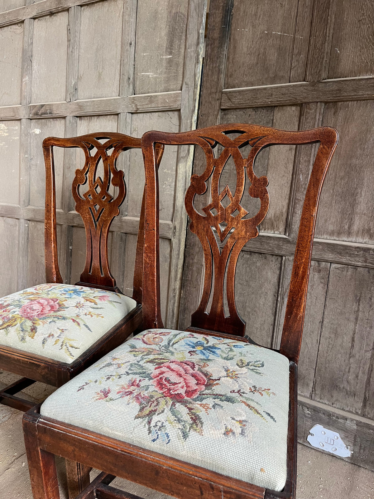 Set of Chippendale-Style Mahogany Dining Chairs (Floral Tapestry)