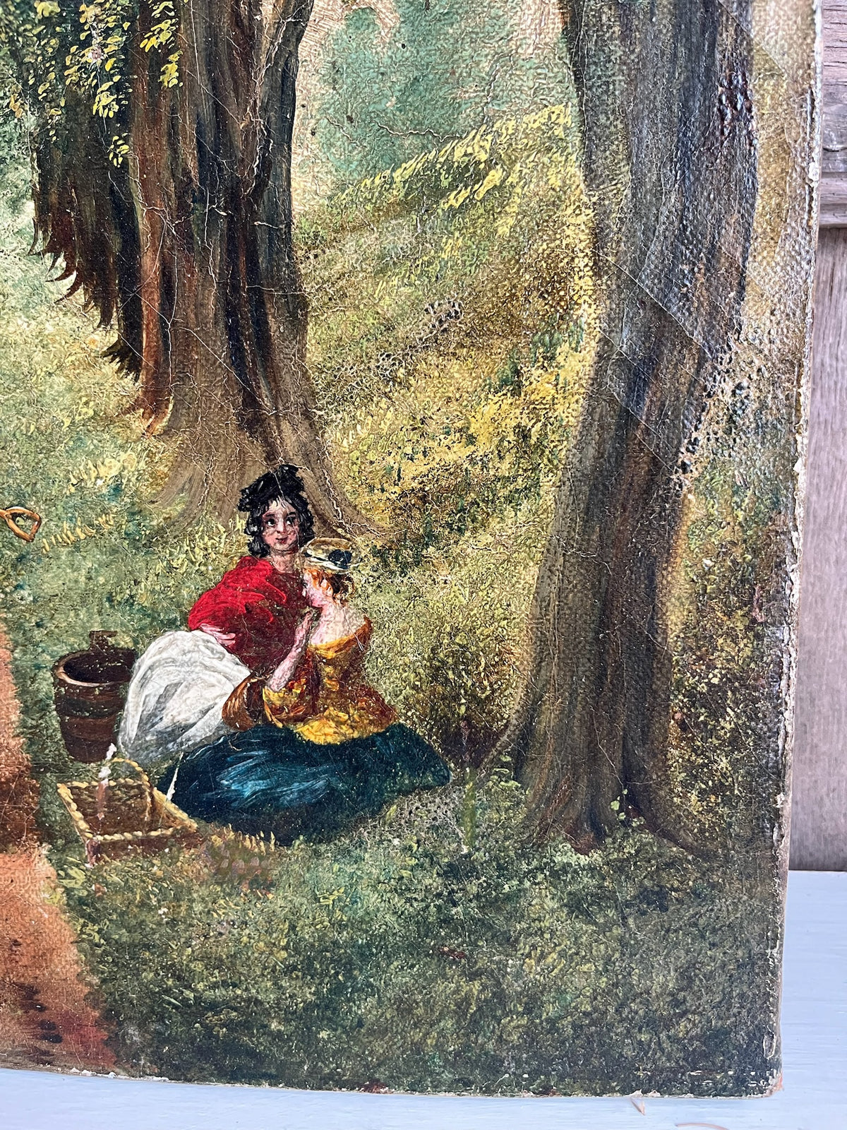 Antique Oil Painting - Tree-Lined Lane with Figures