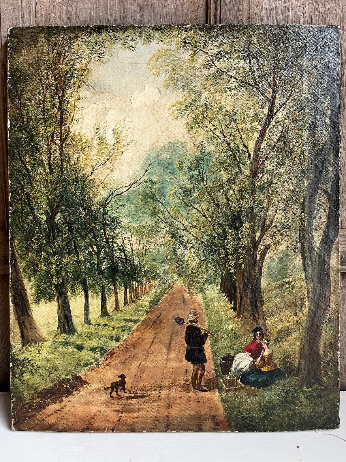 Antique Oil Painting - Tree-Lined Lane with Figures