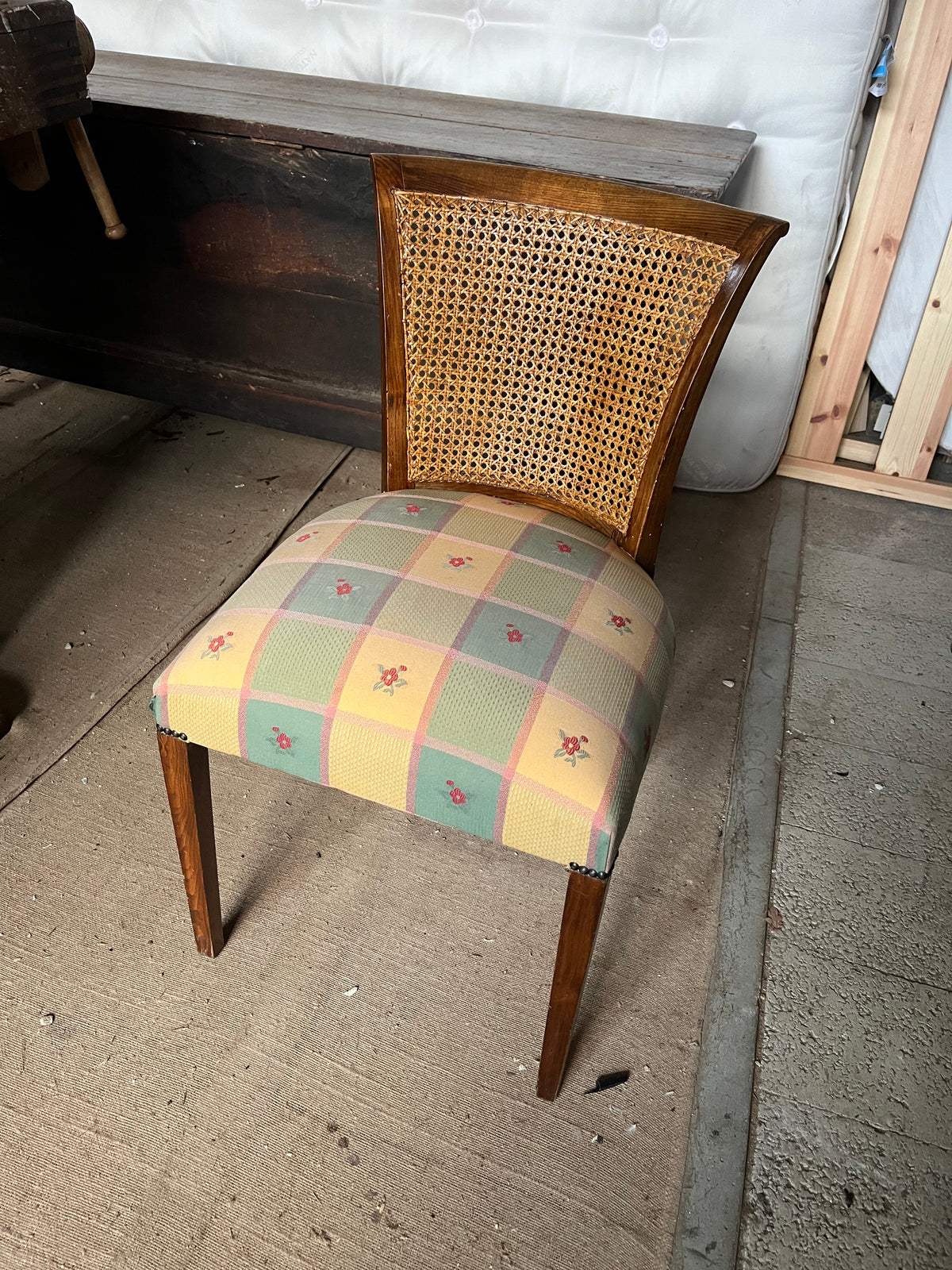Pair of Caned-Back Dining Chairs with Check Upholstered Seats