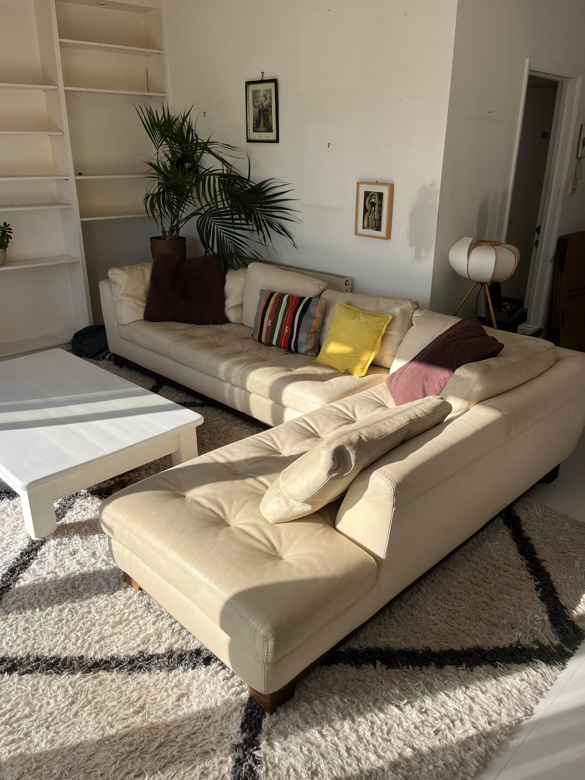 Roche-Bobois Ivory Leather Corner Sofa