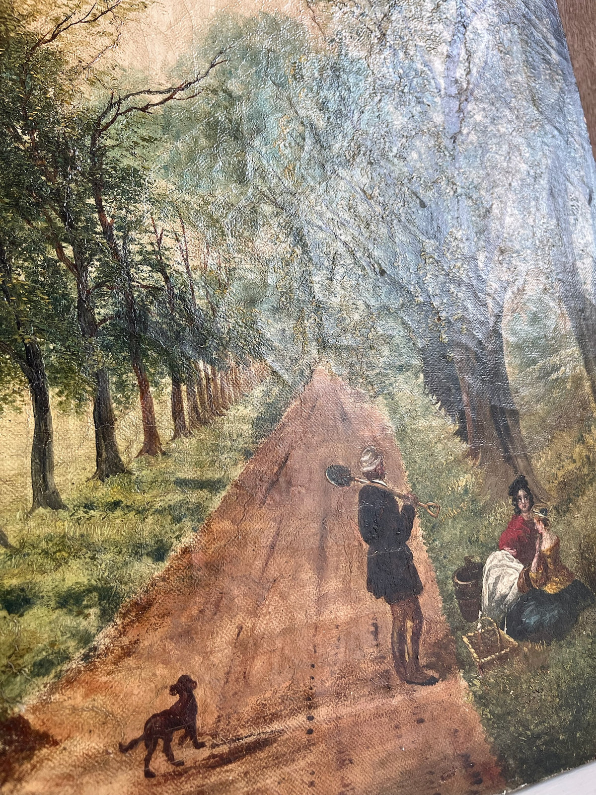 Antique Oil Painting - Tree-Lined Lane with Figures