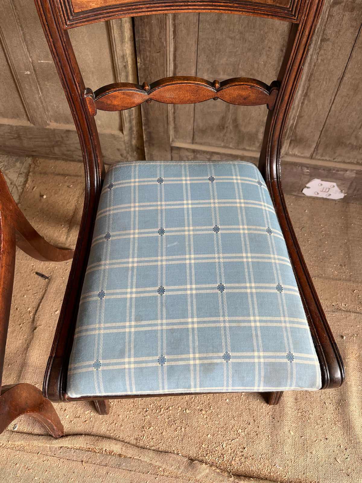 Set of Edwardian Inlaid Mahogany Salon Chairs (Blue Check)