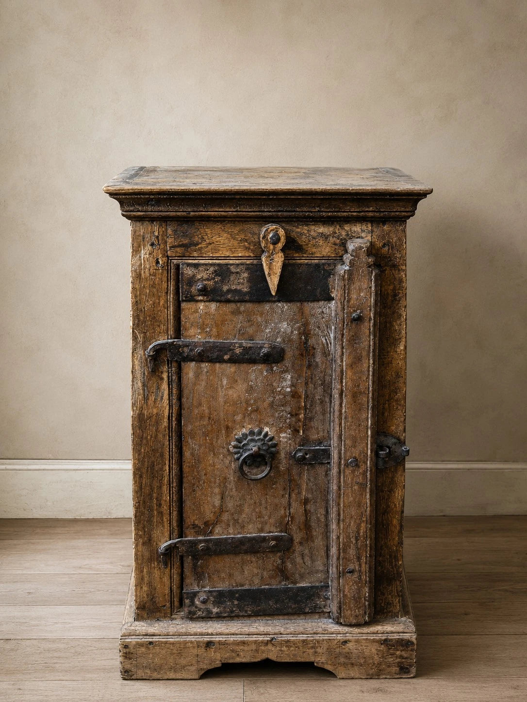 Vintage Rustic Spanish Pine Bedside Cabinet with Hand Forged Iron Hardware