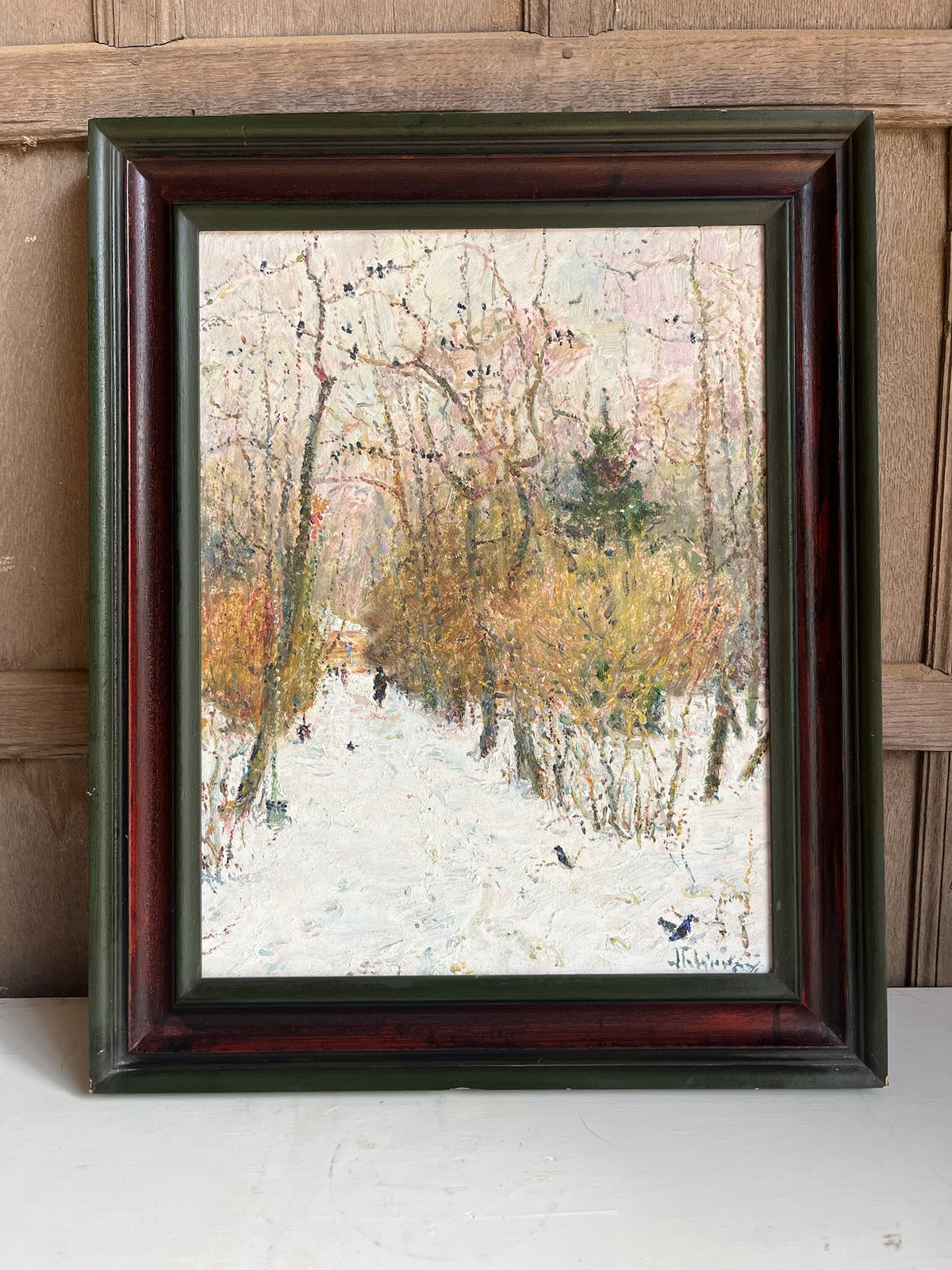 Framed Winter Woodland Oil Painting (Snow Scene)
