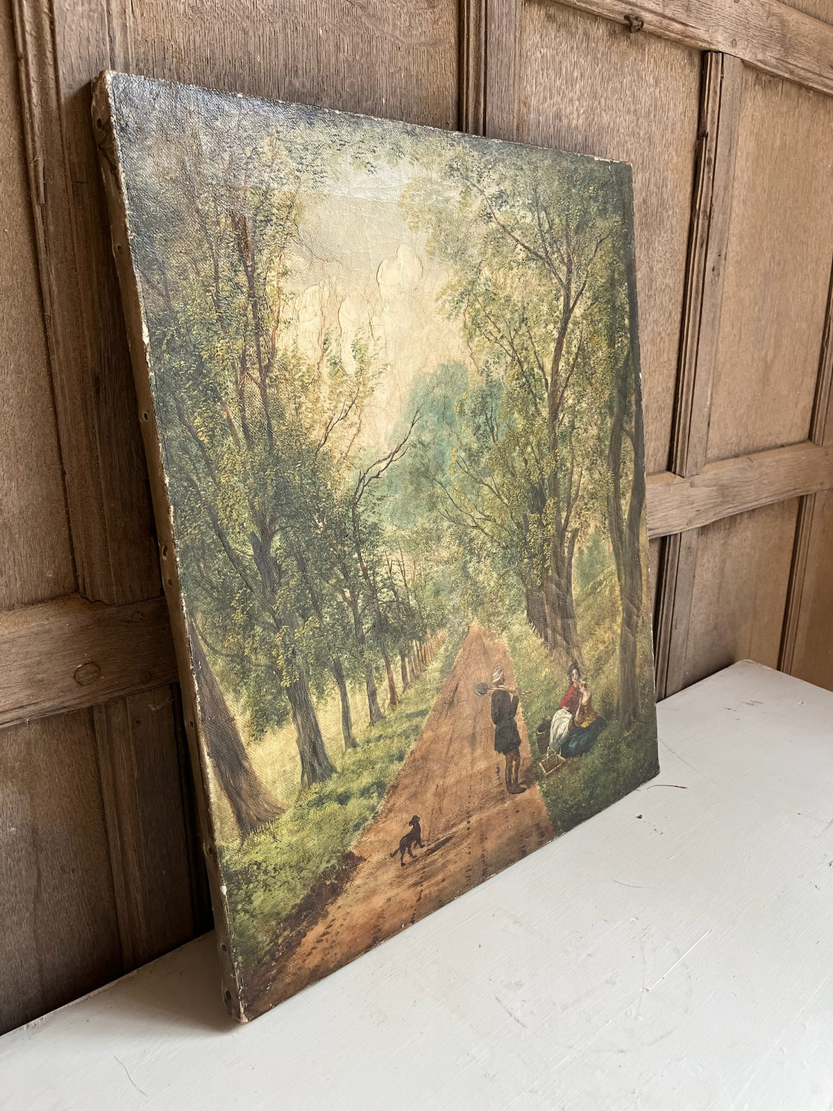 Antique Oil Painting - Tree-Lined Lane with Figures