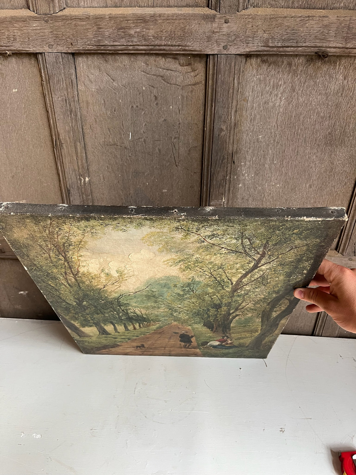Antique Oil Painting - Tree-Lined Lane with Figures
