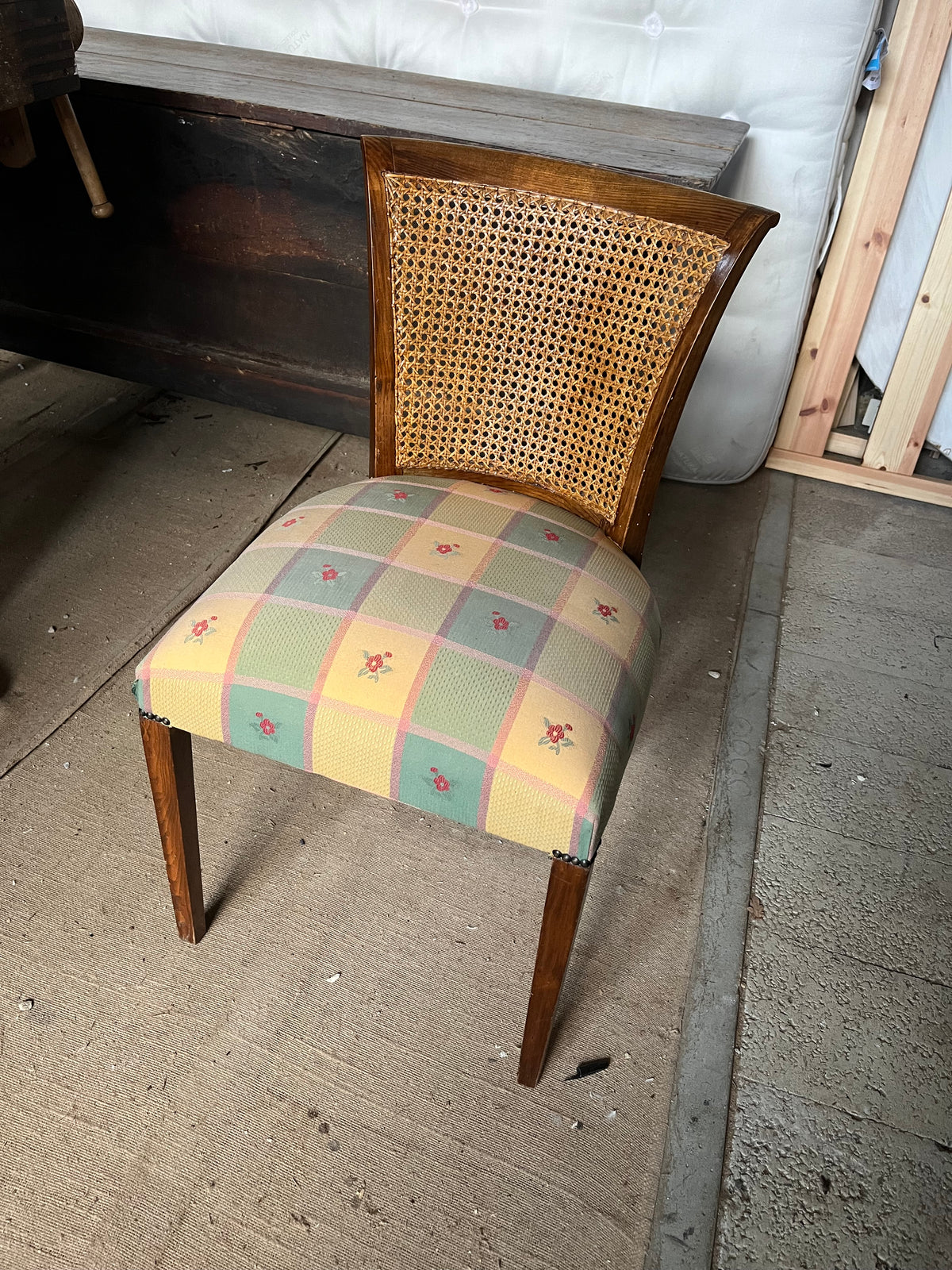 Pair of Caned-Back Dining Chairs with Check Upholstered Seats