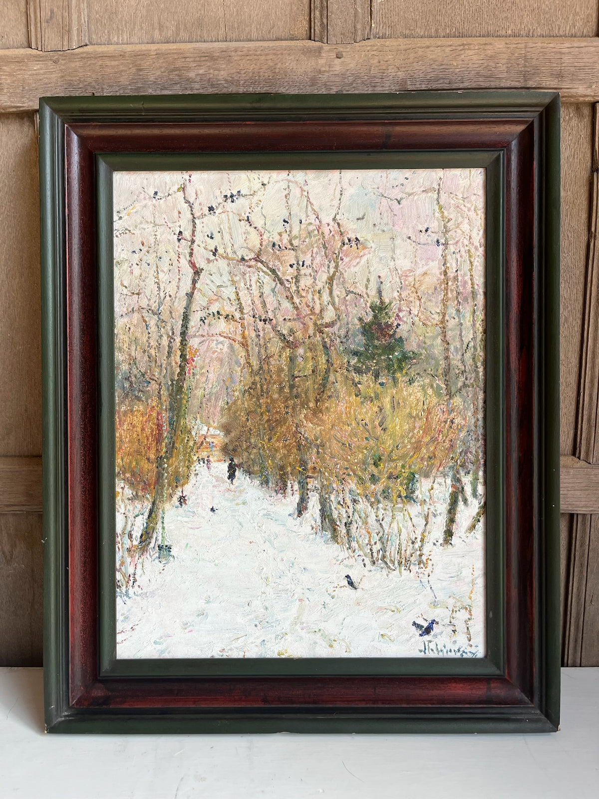 Framed Winter Woodland Oil Painting (Snow Scene)